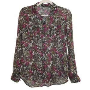 Eddie Bauer Dark Green Pink & White Floral Sheer Blouse Top XS‎